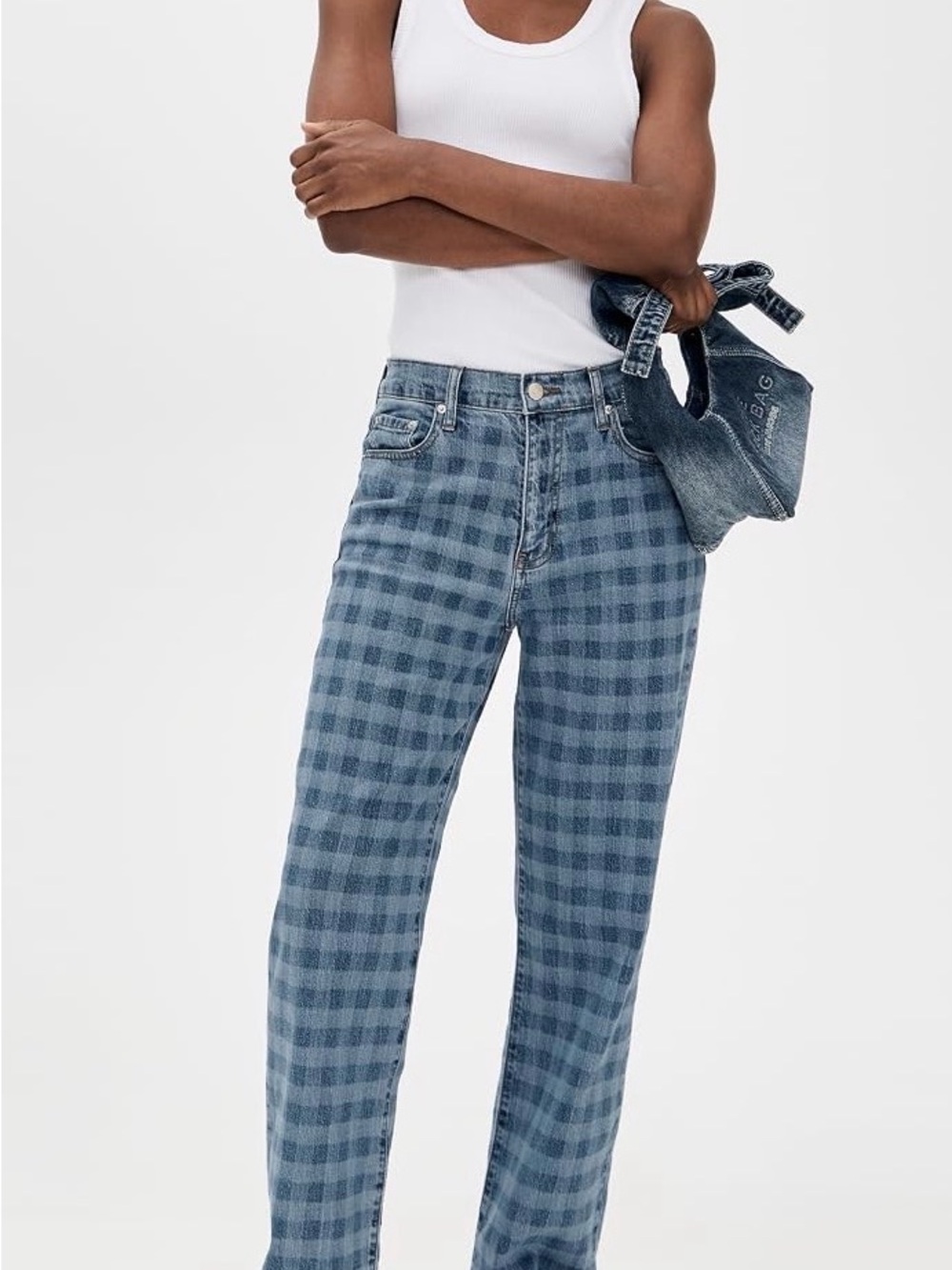 Checked Straight-Leg Jeans in Light Blue